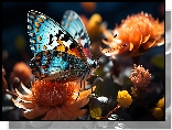 Niebieski, Motyl, Pomarańczowe, Kwiaty, Światło, Grafika